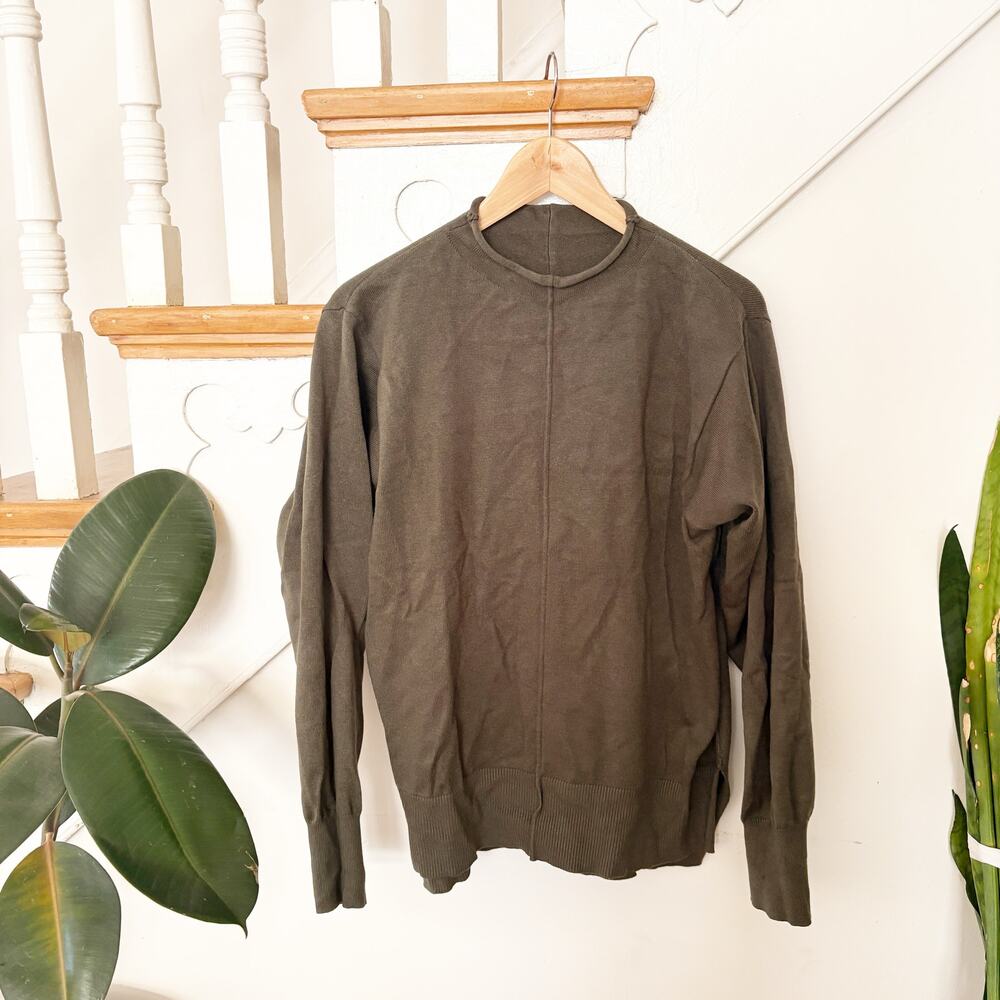 Crewneck Sweater Olive Green Seam Detail Minimalist Lightweight Knit Size M